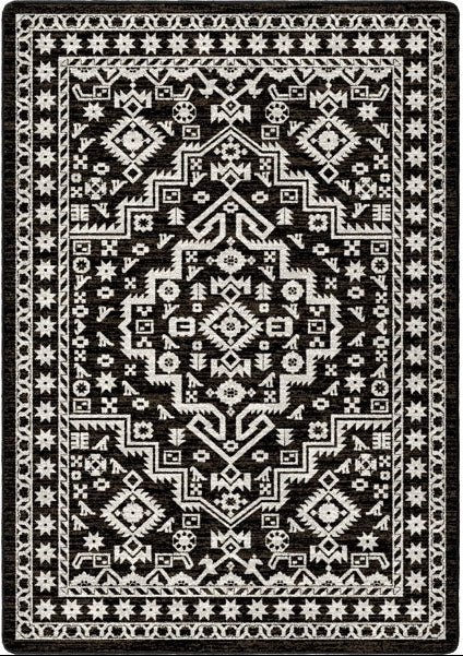 A rectangular area rug with a brown and off-white geometric tribal pattern, shown flat against a white background.