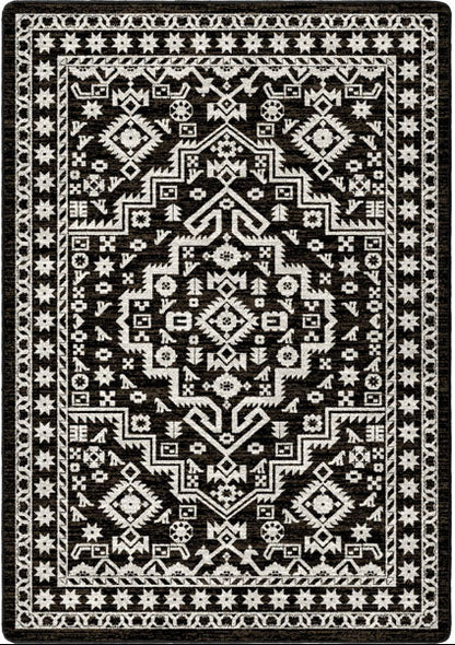 A rectangular area rug with a brown and off-white geometric tribal pattern, shown flat against a white background.