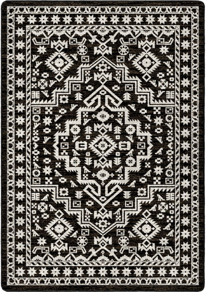 A square area rug with a bold black and white geometric pattern, featuring a central medallion and intricate border details.