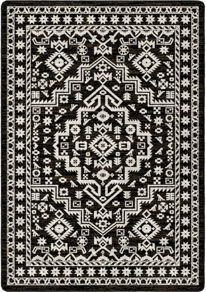 A square area rug with a bold black and white geometric pattern, featuring a central medallion and intricate border details.
