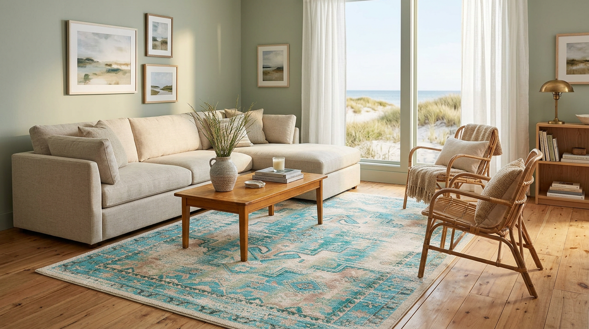 A styled living room featuring a large beige sectional sofa, a wooden coffee table, two woven accent chairs, and a prominent turquoise and beige patterned area rug. The room has light sage green walls, hardwood floors, and a large window looking out to a beach dune landscape.