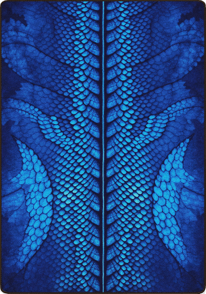 A square product featuring a symmetrical, split design of vibrant blue and cyan dragon or serpent scales, divided by a central vertical dark line.