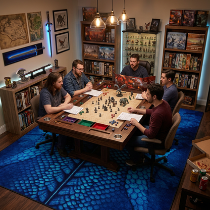 Five people gathered around a wooden table in a cozy room, playing a board game with miniatures, maps, and game pieces. The room is filled with bookshelves, collectible displays, and warm hanging lights, with a large blue patterned rug covering the floor.