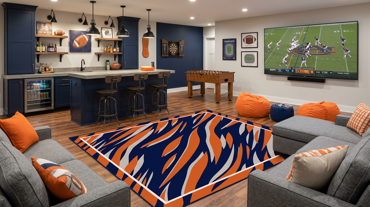 A large rectangular area rug with a bold navy blue, orange, and white tiger-stripe pattern is shown in a modern home entertainment room. The room features gray sectional sofas with matching accent pillows…