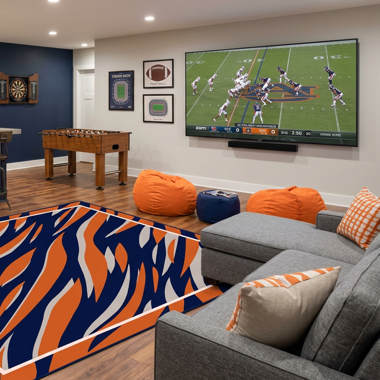 A large rectangular area rug with a bold navy blue, orange, and white tiger-stripe pattern is shown in a modern home entertainment room. The room features gray sectional sofas with matching accent pillows…