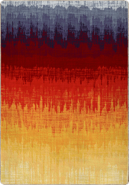 An abstract rectangular textile or rug with a distressed, textured finish, featuring horizontal color bands of dark blue-gray, deep red, bright red-orange, and golden yellow.