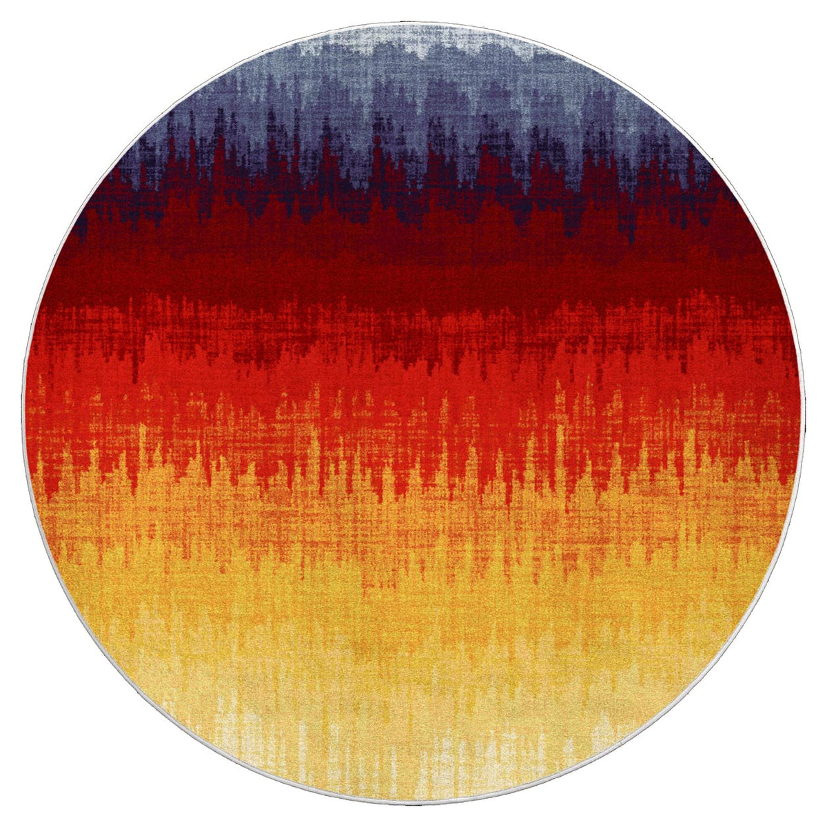 Color Wave area rug: a circular area rug with an abstract, ttextured horizontal gradient design transitioning from dark navy blue at the top, through deep red, to bright orange and warm yellow at the…