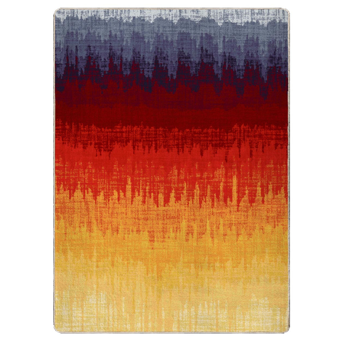 Color Wave area rug: an abstract rectangular rug with a ttextured, woven appearance featuring horizontal color bands in blue-gray, deep red, bright red-orange, and golden yellow, shown against a plain white…