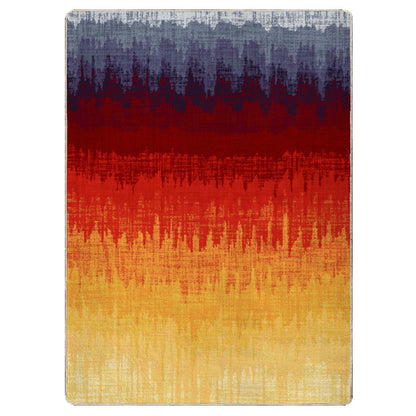 Color Wave area rug: an abstract rectangular rug with a ttextured, woven appearance featuring horizontal color bands in blue-gray, deep red, bright red-orange, and golden yellow, shown against a plain white…