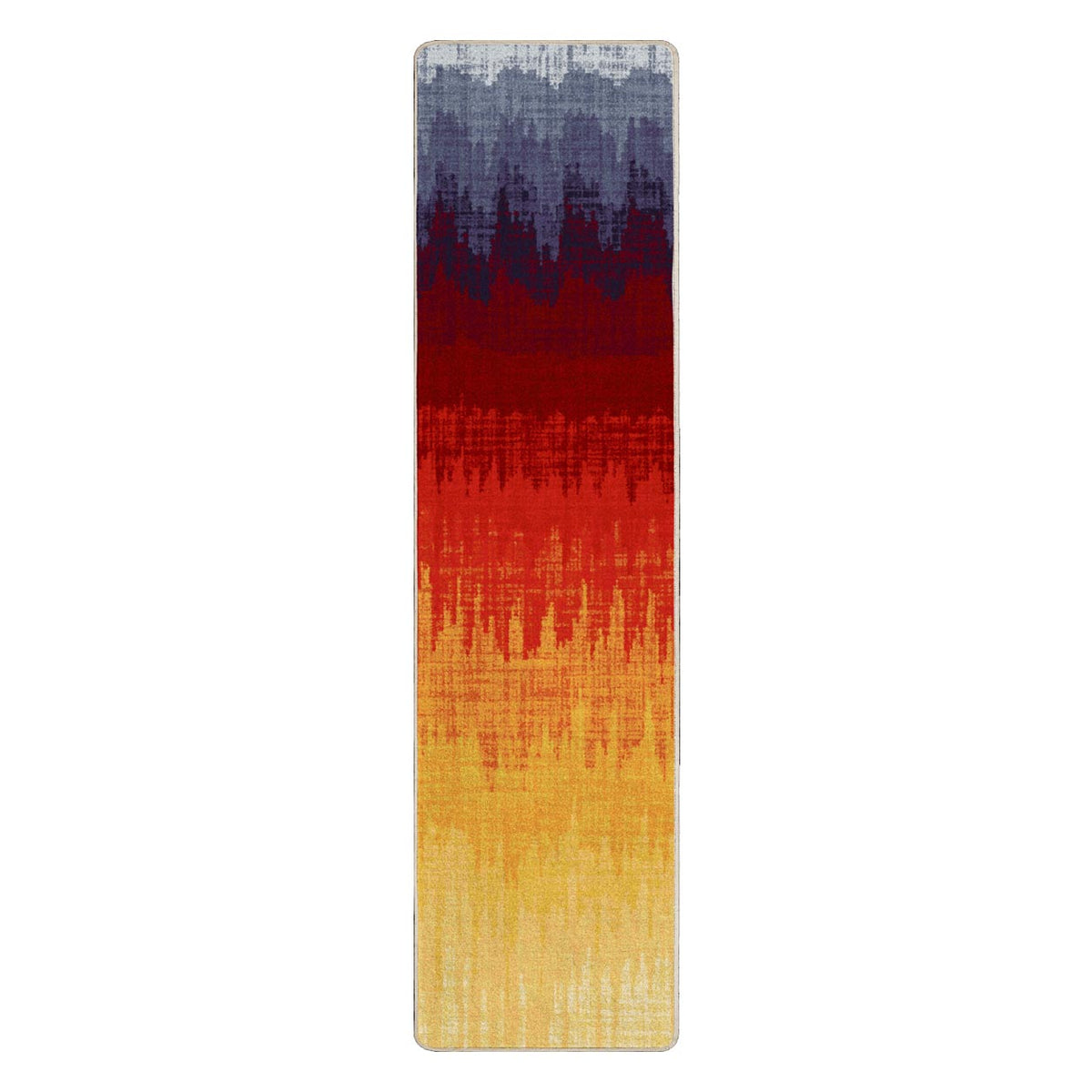 Color Wave area rug: a tall, narrow rectangular rug with an abstract ikat-style vertical gradient pattern transitioning from dark blue-gray at the top, through deep red, to bright red and golden yellow at…