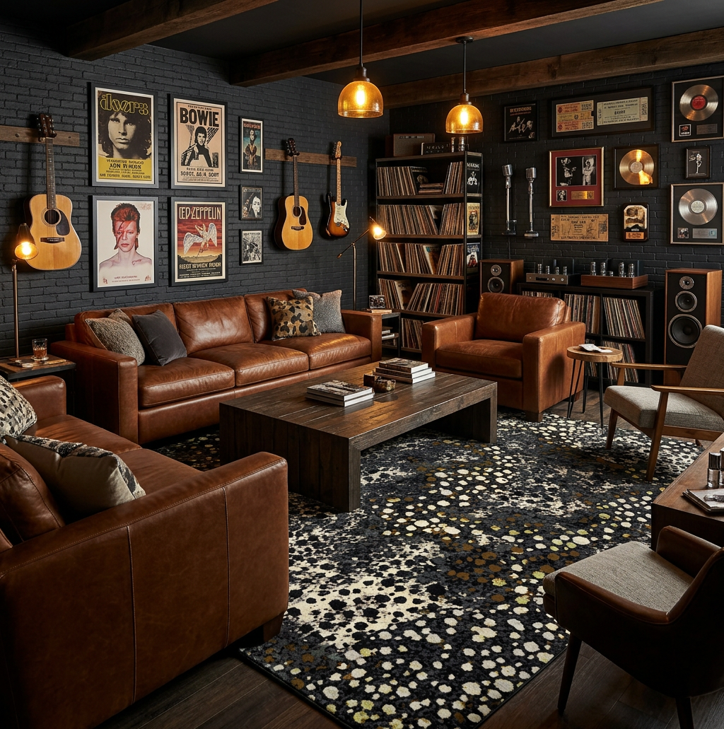 A cozy, rustic living room with dark brown leather sofas, a wooden coffee table, and a black, white, and gold patterned area rug. The walls are dark brick and decorated with framed posters, guitars, and…