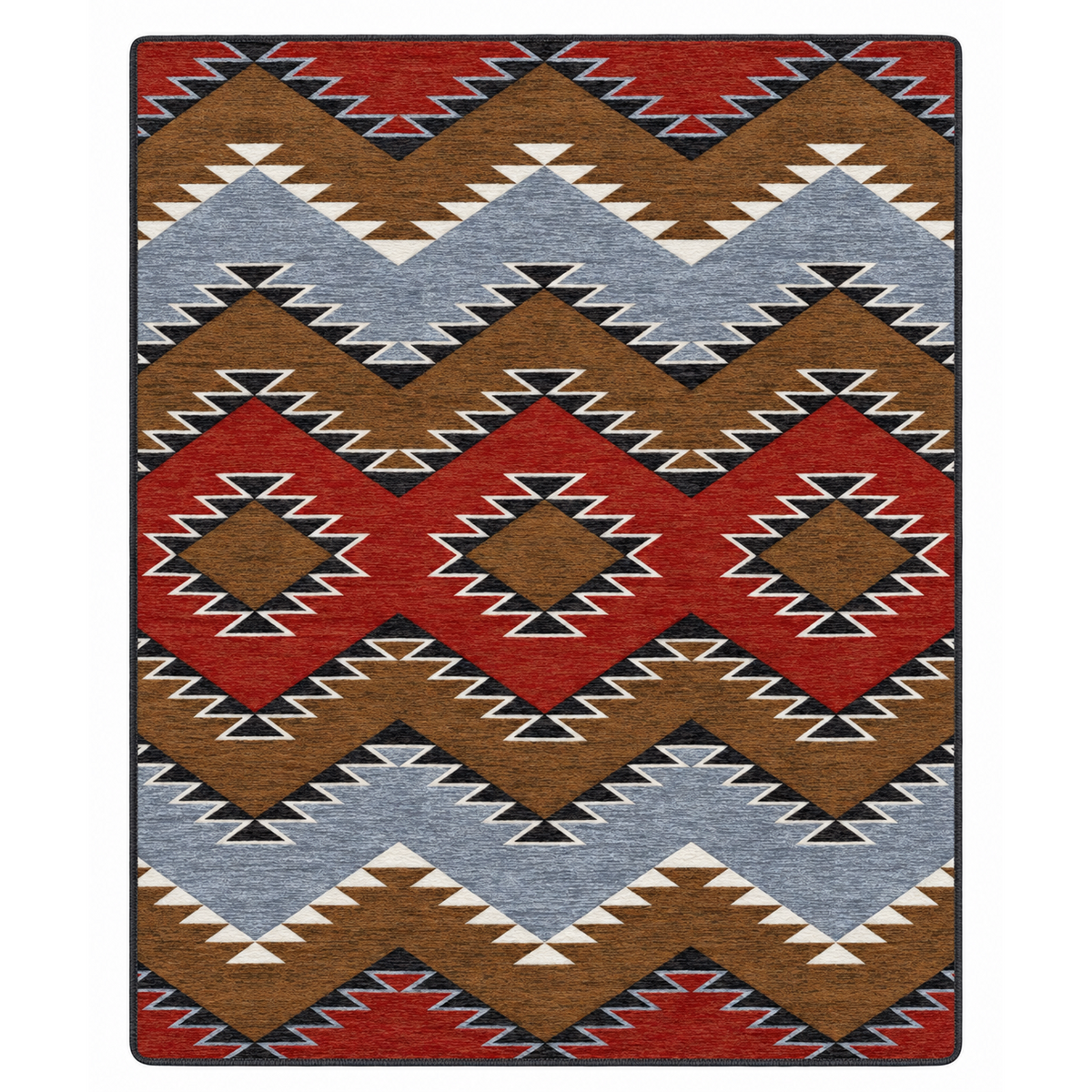 Crossplay area rug: a rectangular area rug with a Southwestern geometric pattern featuring red, brown, light blue, black, and white zigzags and diamonds.