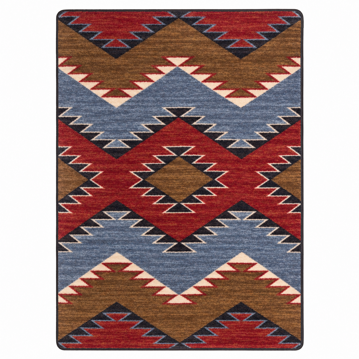 Crossplay area rug: a rectangular area rug with a Southwestern geometric pattern featuring red, brown, slate blue, black, and cream zigzags and diamonds.