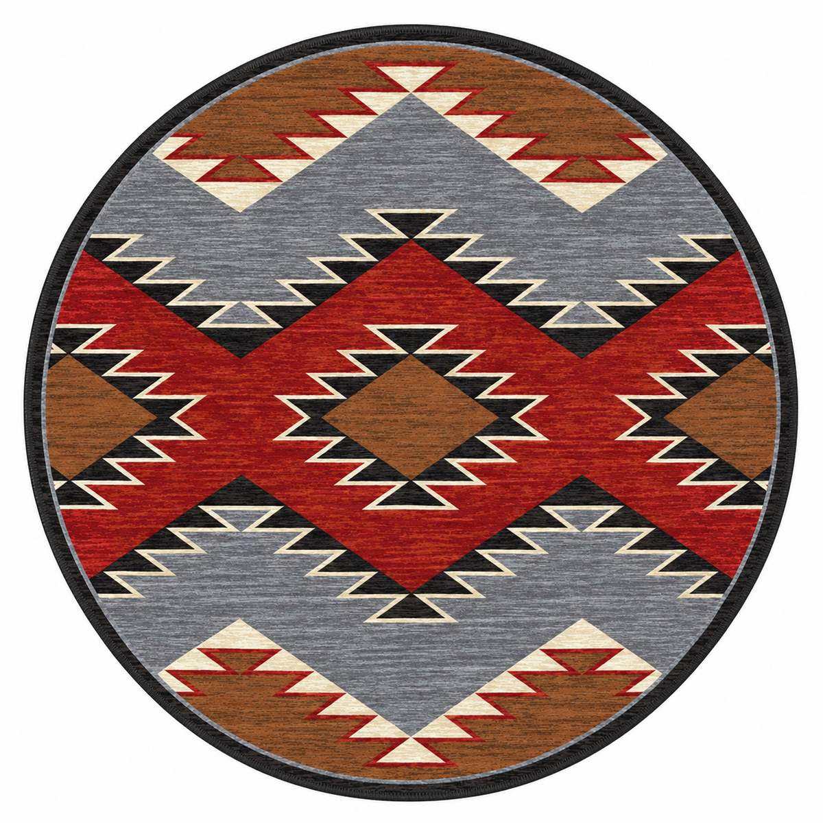 Crossplay area rug: a round area rug with a Southwestern geometric pattern featuring red, brown, gray, black, and cream colors, shown against a plain white background.