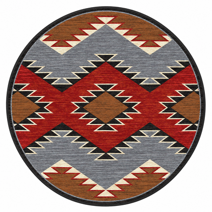 Crossplay area rug: a round area rug with a Southwestern geometric pattern featuring red, brown, gray, black, and cream colors, shown against a plain white background.