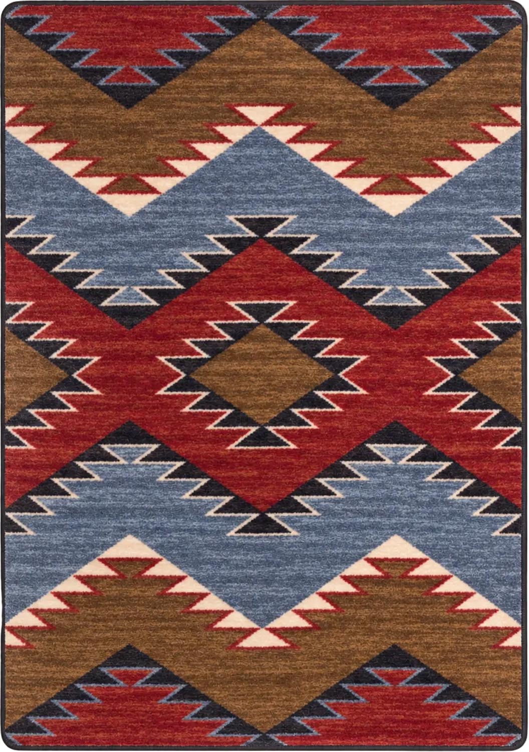 Crossplay area rug: a rectangular area rug with a Southwestern geometric pattern featuring red, brown, slate blue, cream, and black zigzag and diamond motifs.