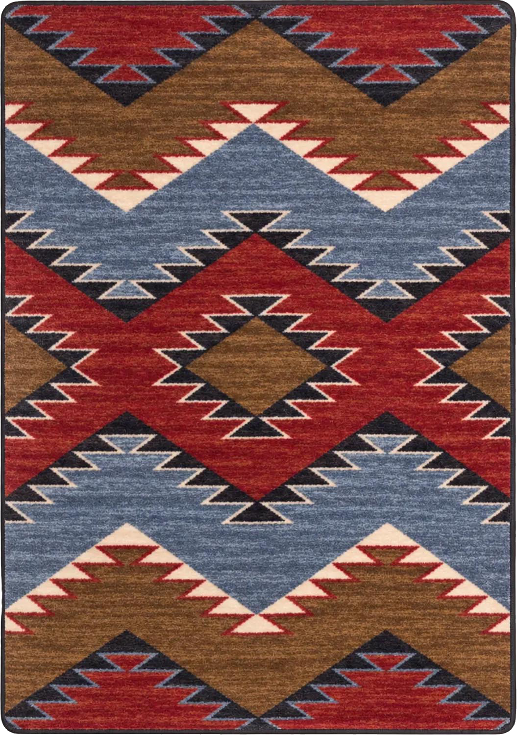 A square area rug with a Southwestern geometric pattern featuring red, blue, brown, black, and cream zigzags and diamonds.