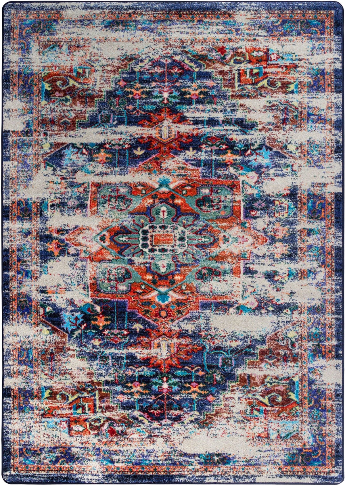 Daydream area rug: area rug with yarn heavy distressing like clouds on a navy blue and orange field bold yet dreamy and classic perfect for family and rec rooms.