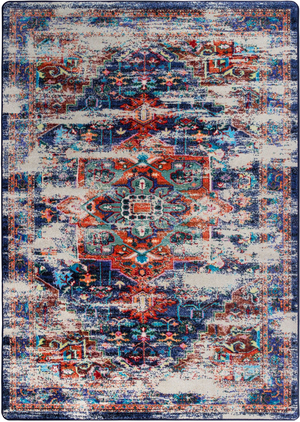 A square area rug with a distressed, vintage-inspired traditional pattern in blue, red, teal, and cream.