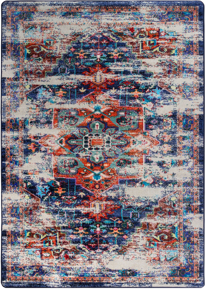 A square area rug with a distressed, vintage-inspired traditional pattern in blue, red, teal, and cream.