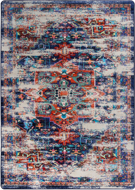A square area rug with a distressed, vintage-inspired traditional pattern in blue, red, teal, and cream.