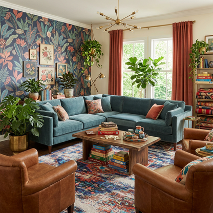 Cozy omfy game room and family room with the Daydream rug velvet blue couch on bright nylon rig with coordinate room accents.