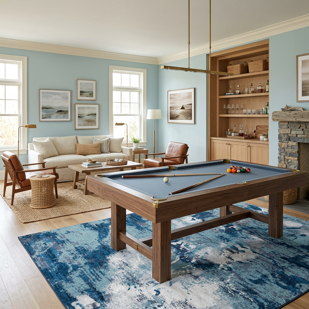 Deep End area rug styled in a billiards room