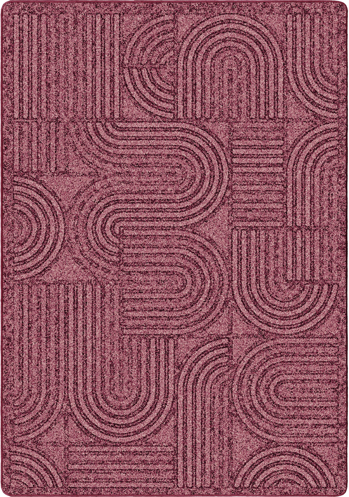 A rectangular area rug with a textured, low-pile surface featuring a repeating geometric pattern of abstract arches, circles, and parallel lines in a dusty rose or mauve color.