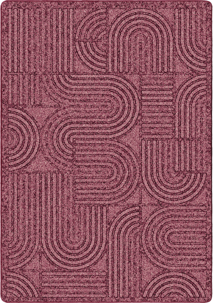 A rectangular area rug with a textured, low-pile surface featuring a repeating geometric pattern of abstract arches, circles, and parallel lines in a dusty rose or mauve color.