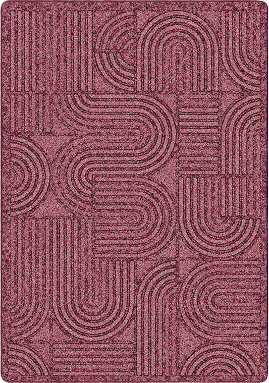 A rectangular area rug with a textured, low-pile surface featuring a repeating geometric pattern of abstract arches, circles, and parallel lines in a dusty rose or mauve color.