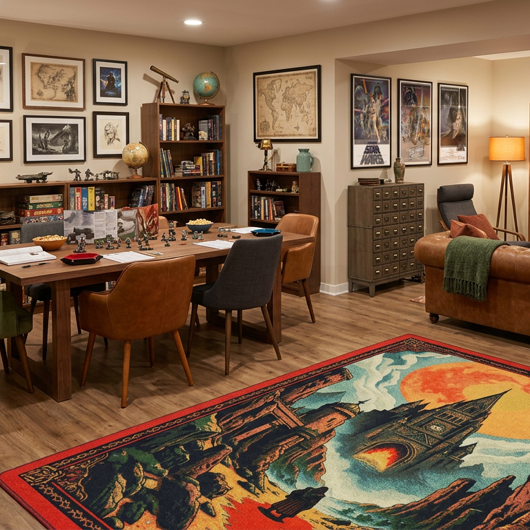 A large rectangular area rug with a fantasy landscape design featuring a castle, glowing moon, and dramatic red sky, styled in a cozy, well-lit living room with a leather sofa, dining table, and bookshelves.