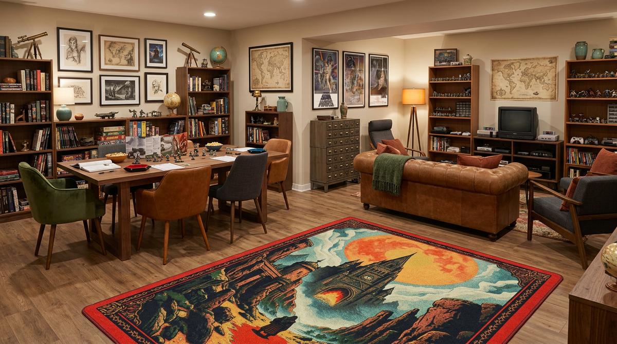 A large rectangular area rug with a detailed fantasy landscape illustration is displayed on a concrete floor in a cozy, dark-themed room with bookshelves, a wooden dining table, and framed wall art.