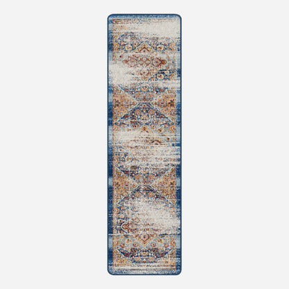 Long rectangular rug with a pattern on a white background