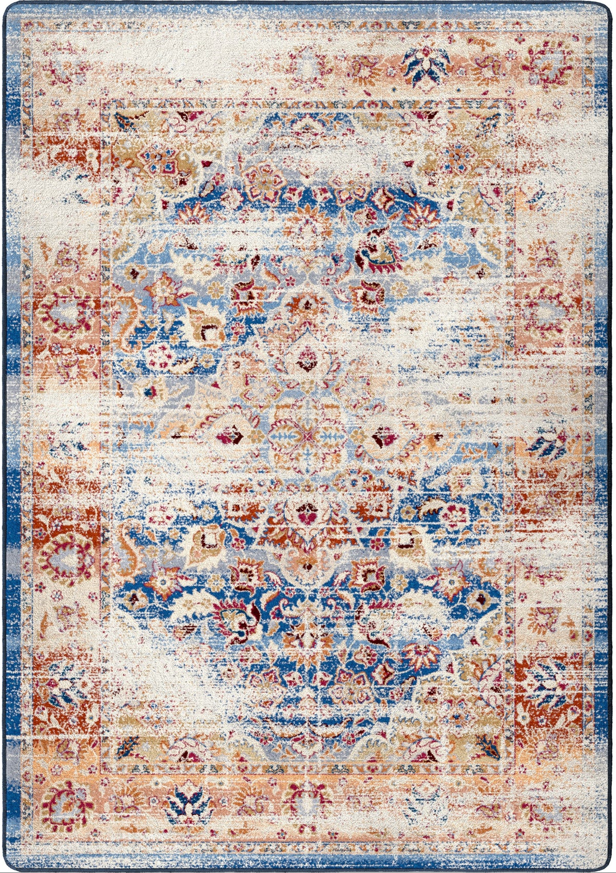A rectangular area rug with a distressed traditional pattern in cream, blue, rust orange, and beige tones, shown flat against a white background.