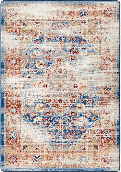 A rectangular area rug with a distressed traditional pattern in cream, blue, rust orange, and beige tones, shown flat against a white background.
