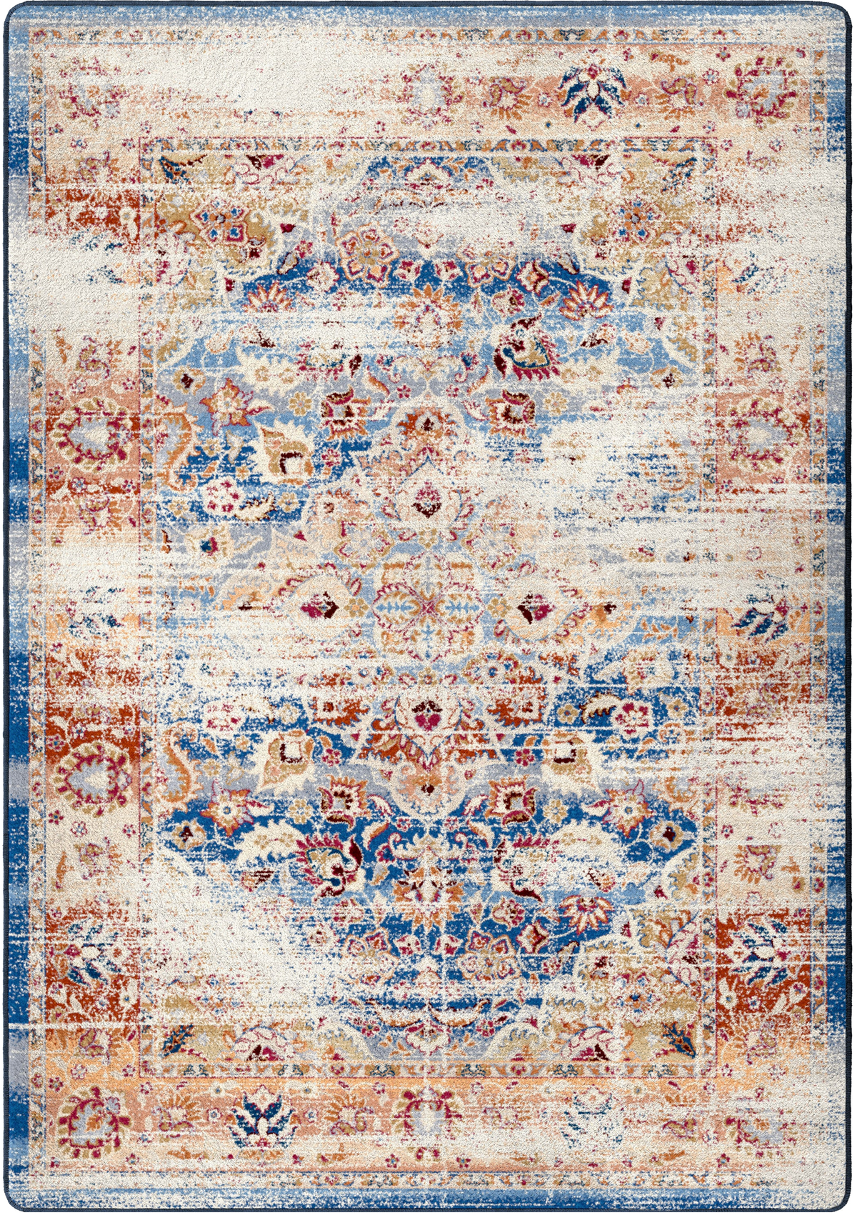 A rectangular area rug with a distressed traditional pattern in cream, blue, rust orange, and beige tones, shown flat against a white background.