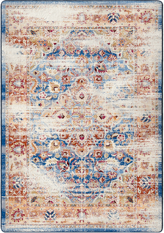 A rectangular area rug with a distressed traditional pattern in cream, blue, rust orange, and beige tones, shown flat against a white background.