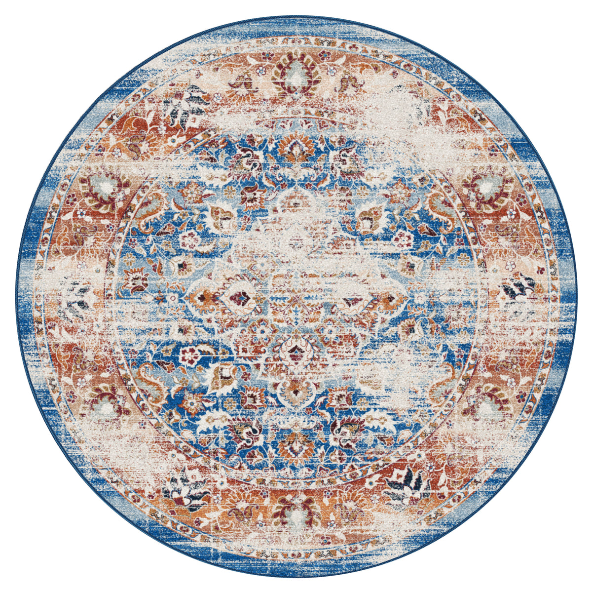 Easy does it round area rug with intricate pattern in blue, orange, and beige on a white background
