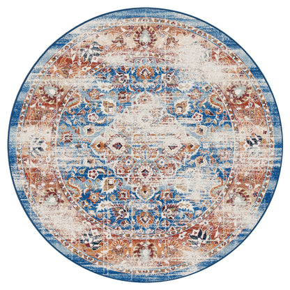 Easy does it round area rug with intricate pattern in blue, orange, and beige on a white background