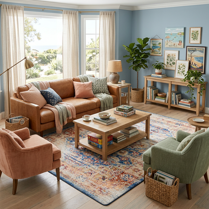 A beautifully styled living room featuring a brown leather sofa, a terracotta armchair, a sage green armchair, a wooden coffee table, and a large patterned area rug on a light wood floor. The walls are painted a soft dusty blue, and the room is decorated with plants, framed art, and a wooden console table.
