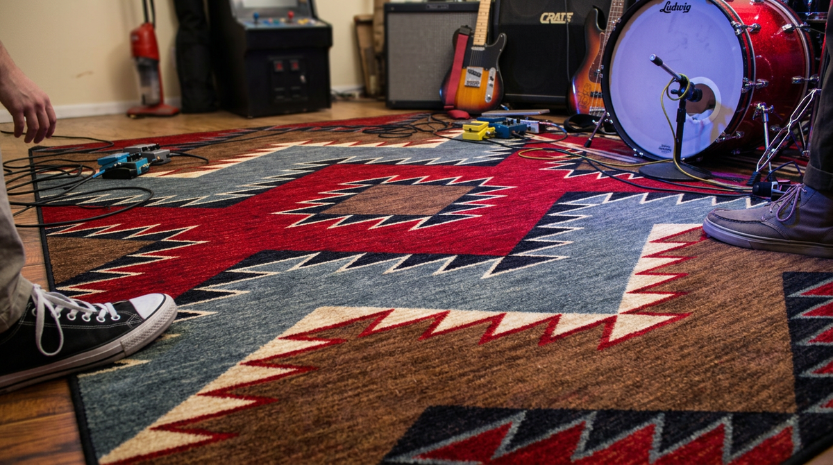 A Southwestern-style patterned area rug in red, blue, brown, and beige is shown on a wooden floor in a music room setting, with parts of a person's legs and shoes visible at the edges, along with guitars…