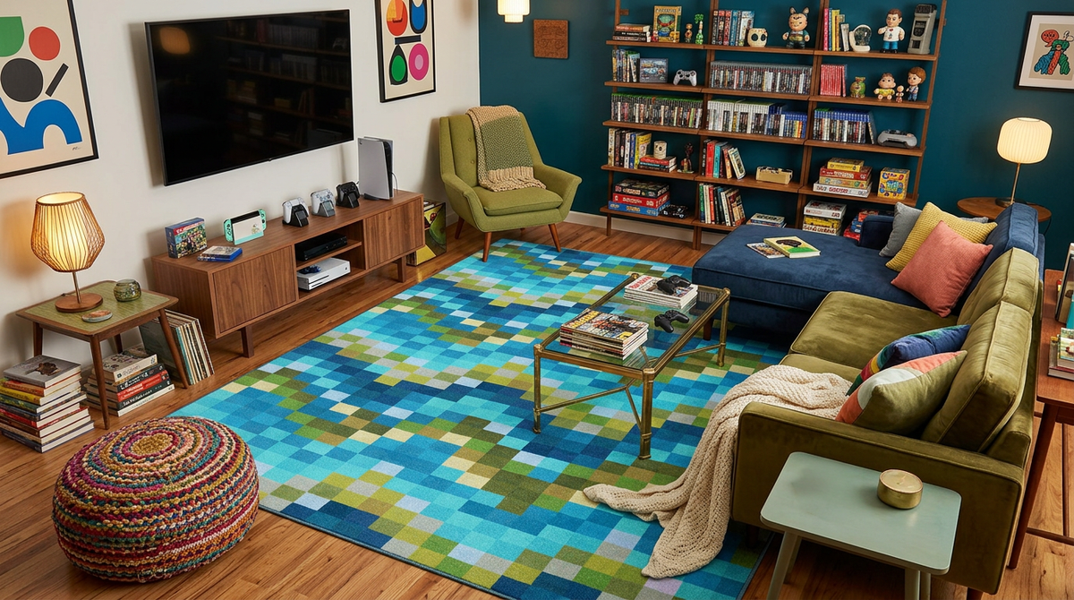 A large rectangular area rug with a colorful pixelated geometric pattern in shades of blue, green, teal, and yellow, styled in a cozy, modern living room with a green sofa, bookshelves, and a blue accent wall.