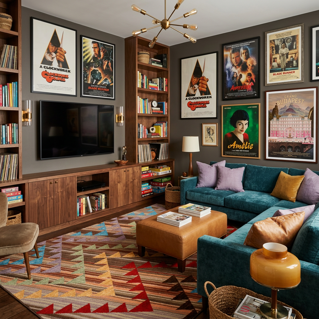 Fast Forward area rug styled in a home theater