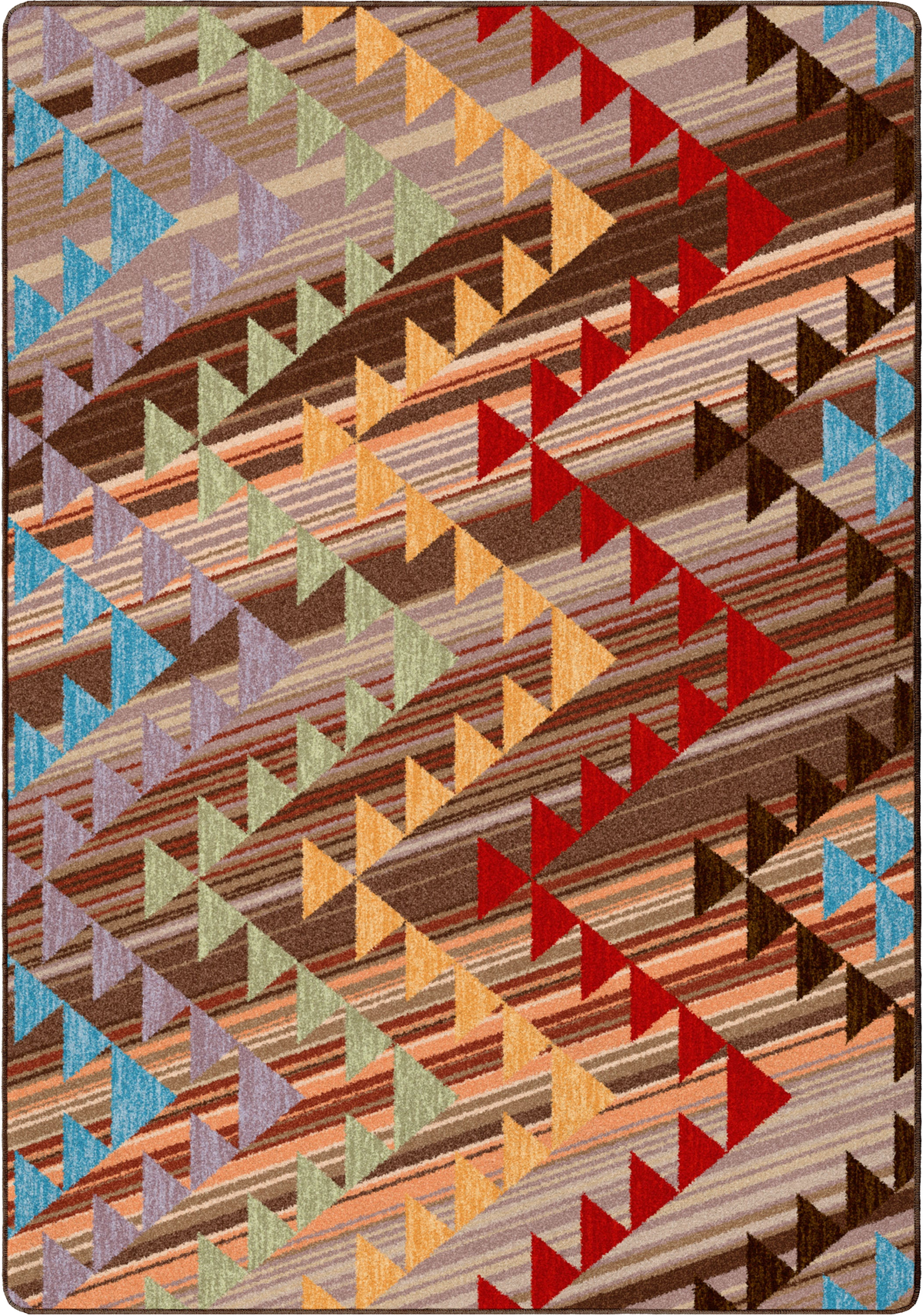 A square area rug with a geometric tribal pattern featuring diagonal stripes and zigzag triangles in brown, beige, red, orange, blue, and green.