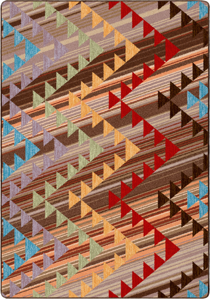 A square area rug with a geometric tribal pattern featuring diagonal stripes and zigzag triangles in brown, beige, red, orange, blue, and green.