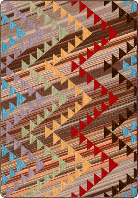 A square area rug with a geometric tribal pattern featuring diagonal stripes and zigzag triangles in brown, beige, red, orange, blue, and green.