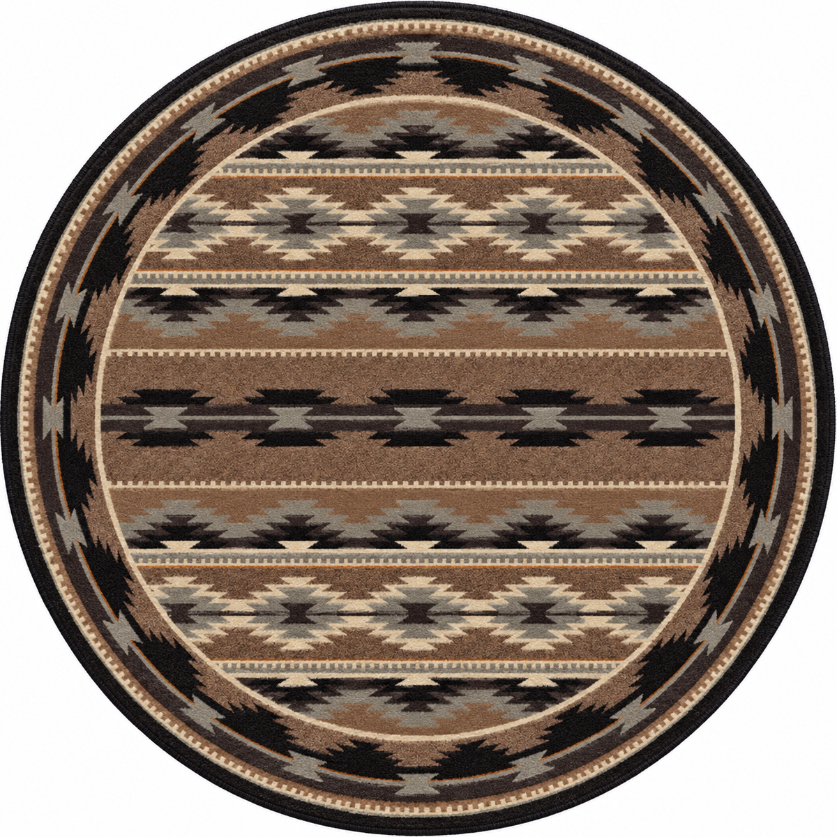 A round area rug with a Southwestern geometric pattern in brown, beige, black, and gray, shown flat against a white background.