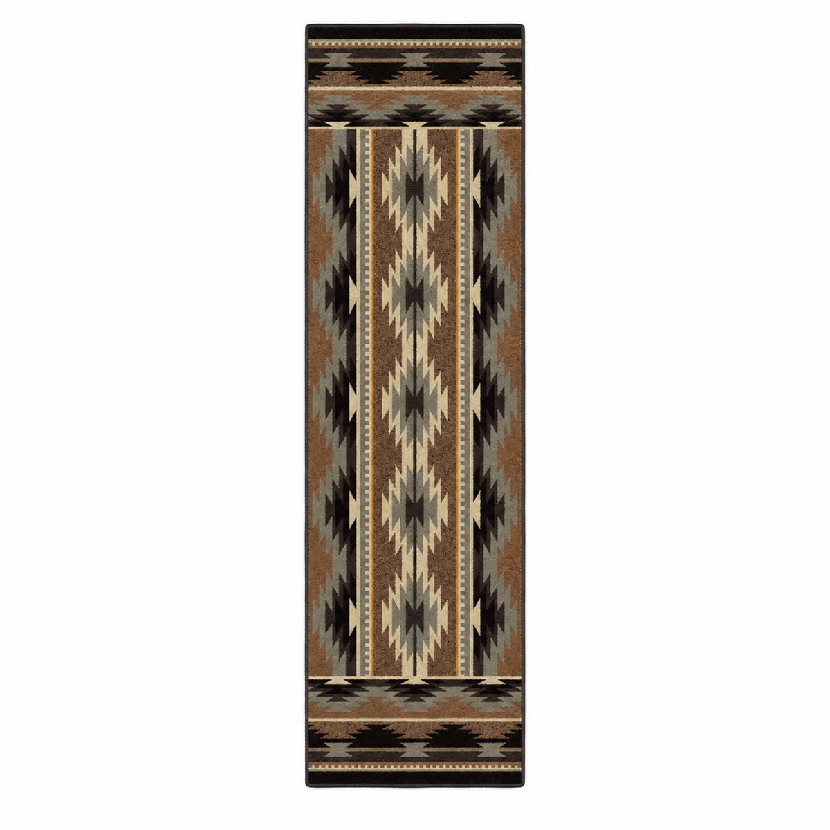 A long rectangular area rug with a Southwestern geometric pattern in brown, black, beige, and gray, shown flat against a white background.