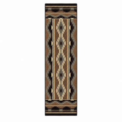 A long rectangular area rug with a Southwestern geometric pattern in brown, black, beige, and gray, shown flat against a white background.