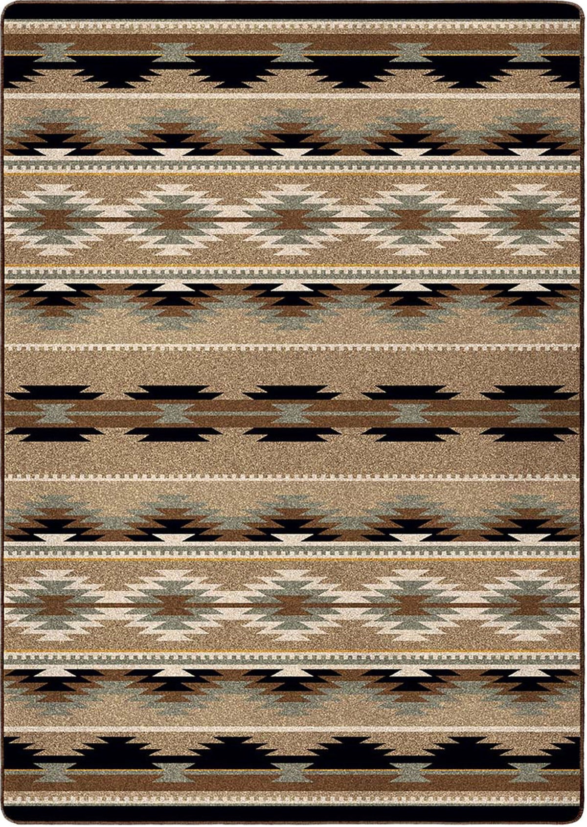 Field Notes area rug: a rectangular area rug with a Southwestern geometric pattern featuring horizontal bands of black, brown, beige, and muted blue-gray.